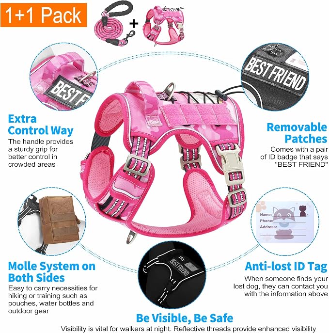 Beebiepet Heavy Duty Tactical Dog Harness for Small Dogs, No Pull Adjustable Pet Harness Reflective Service Training Easy Control Pet Vest Military K9 Working Dog Harnesses- Large, Pink Camo