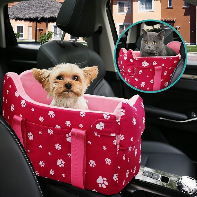 Center Console Dog Car Seat for Small Dogs Under 15 lbs - Detachable Washable Carrier with Safety Belt & Storage Pockets, Pink