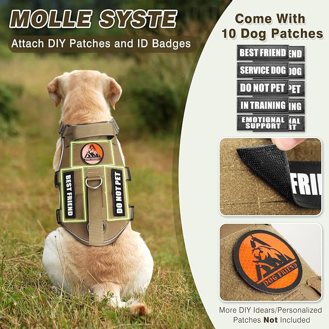 Tactical Dog Harness and Leash Set with Metal Buckles+10 Patches | Heavy Duty Service Dog Vest ,Adjustable Harness for Medium Sized Dogs,No Pull Front Back Clips,for Training Hiking,Brown M