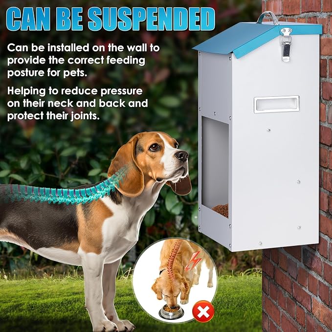 Automatic Cat Feeder Outdoor 59cups/14L Automatic Dog Feeder | Gravity Cat Food Dispenser with Storage, Galvanized Pet Feeding Station, Indoor and Outdoor Use, Wall Mountable