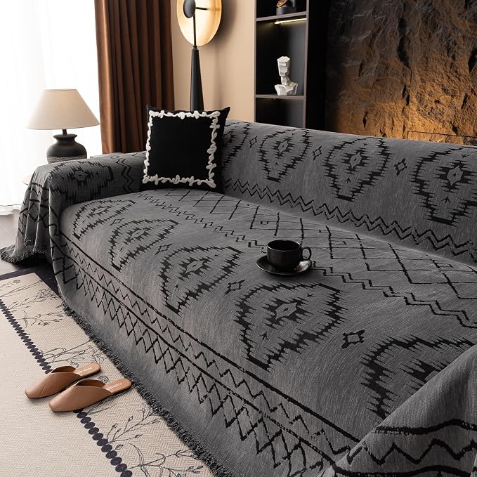 VClife Couch Cover Sofa Cover Washable Sofa Protector, Non Slip Couch Covers for 3 Cushion Couch Sofa Modern Tribal Pattern Sofa Slipcover Dog Furniture Protector, Soft Chenille, Dark Gray, 71"X134"
