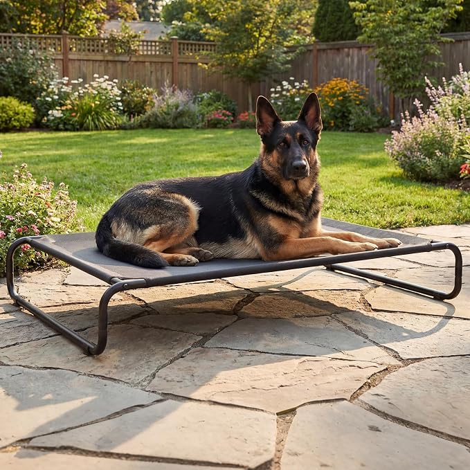 Veehoo Cooling Elevated Dog Bed, Outdoor Raised Dog Bed for Large Dogs | Dog Cot with Thickened Frame, Durable Teslin Mesh & Anti-Slip Rubber Feet, Pet Hammock for Indoor or Camping, 53", Black