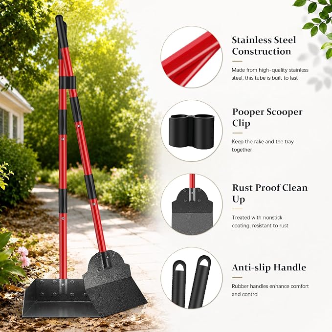 Pooper Scooper, Metal Poop Scooper for Small Medium Large Dog, Pet Supplies | No Bending, Long Handle, Heavy Duty, Stainless Steel, Rust Proof Scooper, Use on Gravel Dirt Concrete Yards Parks Dog Runs