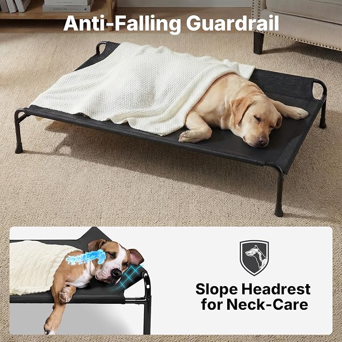 Veehoo Outdoor Dog Bed, Raised Dog Beds for Large Dogs, Elevated Dog Bed with Headrest, Washable Cooling Pet Cot with Non-Skid Feet, Breathable Mesh, Pet Hammock for Indoor or Camping, 47", Black