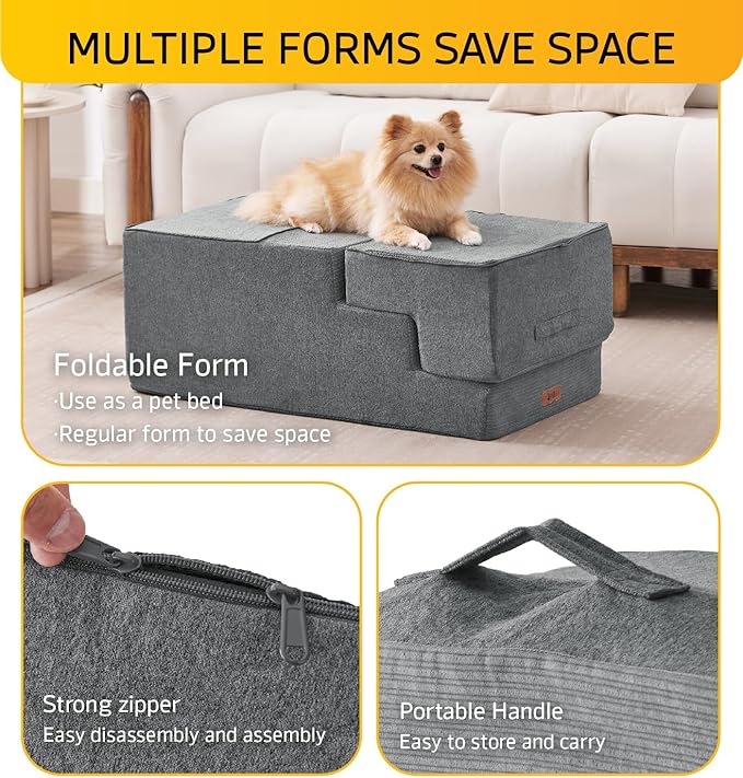 Dog Stairs for Small Dog Steps for Bed Ramps Stairs Extra Wide Steps for Bed Foam Stairs for Couch Sofa 35D Strong Support Pet Stairs Non-Slip Bottom Pet Steps to Get on Bed, Grey, 3 Steps