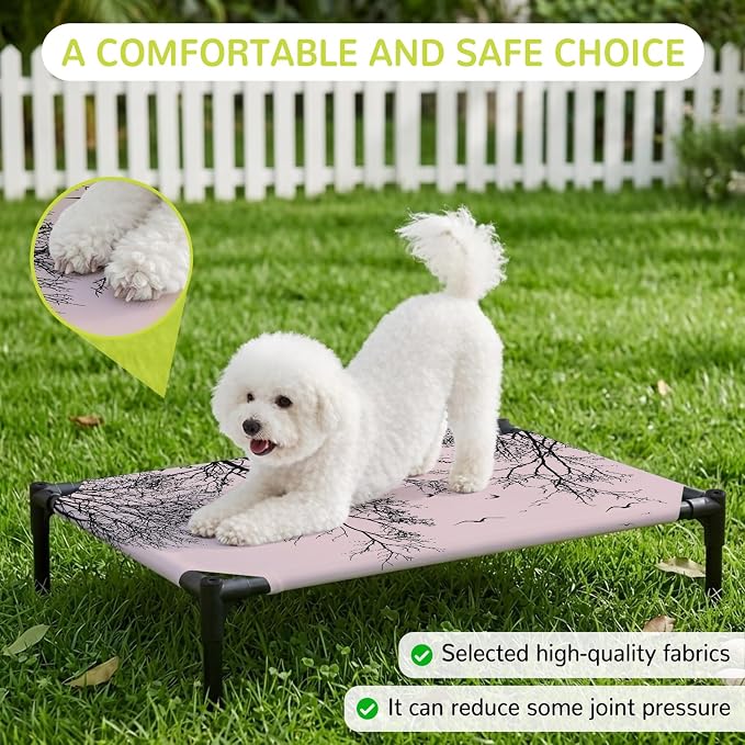 Outdoor Elevated Dog Bed for Medium Dogs, Pink Black Branches Breathable Cooling Raised Dog Cot for Indoor/Outdoor, Botanical Dead Tree Birds Waterproof Elevated Pet Beds, M 24 x 20 in