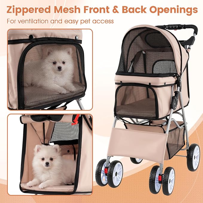 PETSITE 4 Wheels Pet Stroller, Foldable Dog Strollers for Small Dogs with Breathable Mesh, Waterproof Cover, Storage Basket, and Cup Holders, Ideal for Dogs Cats up to 33 lbs (Beige)