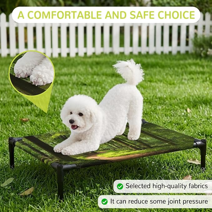 Outdoor Elevated Dog Bed for Medium Dogs, Green Forest Breathable Cooling Raised Dog Cot for Indoor/Outdoor, Retro Rustic Natural Scenery Trees Waterproof Elevated Pet Beds, M 24 x 20 in