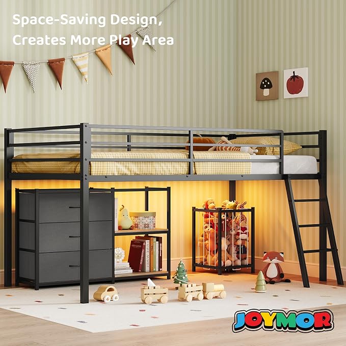 Bonnlo Low Loft Bed with 3 Drawers, 2-Tier Storage Shelf and Toy Storage Basket, Metal loft Bed Twin Size with LED Lights and Safety Guardrail for Kids (Black)