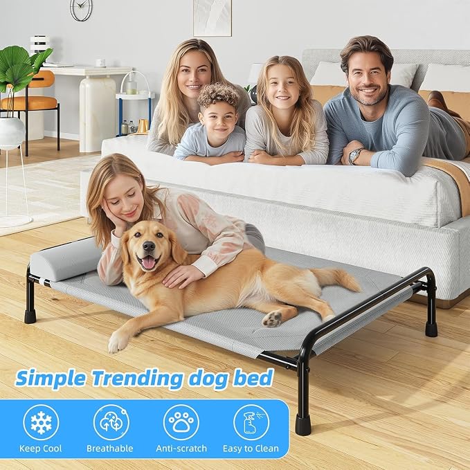 Simple Trending Elevated Dog Bed for Large Dogs, Cooling Raised Pet Cot with Bolster, Breathable Outdoor Couch Bed, 44.5" x 31", Grey | Cooling Raised Pet Cot with Bolster, Dog Couch Cot for Indoor Outdoor, Breathable Mesh, Waterproof, Non-Slip Feet