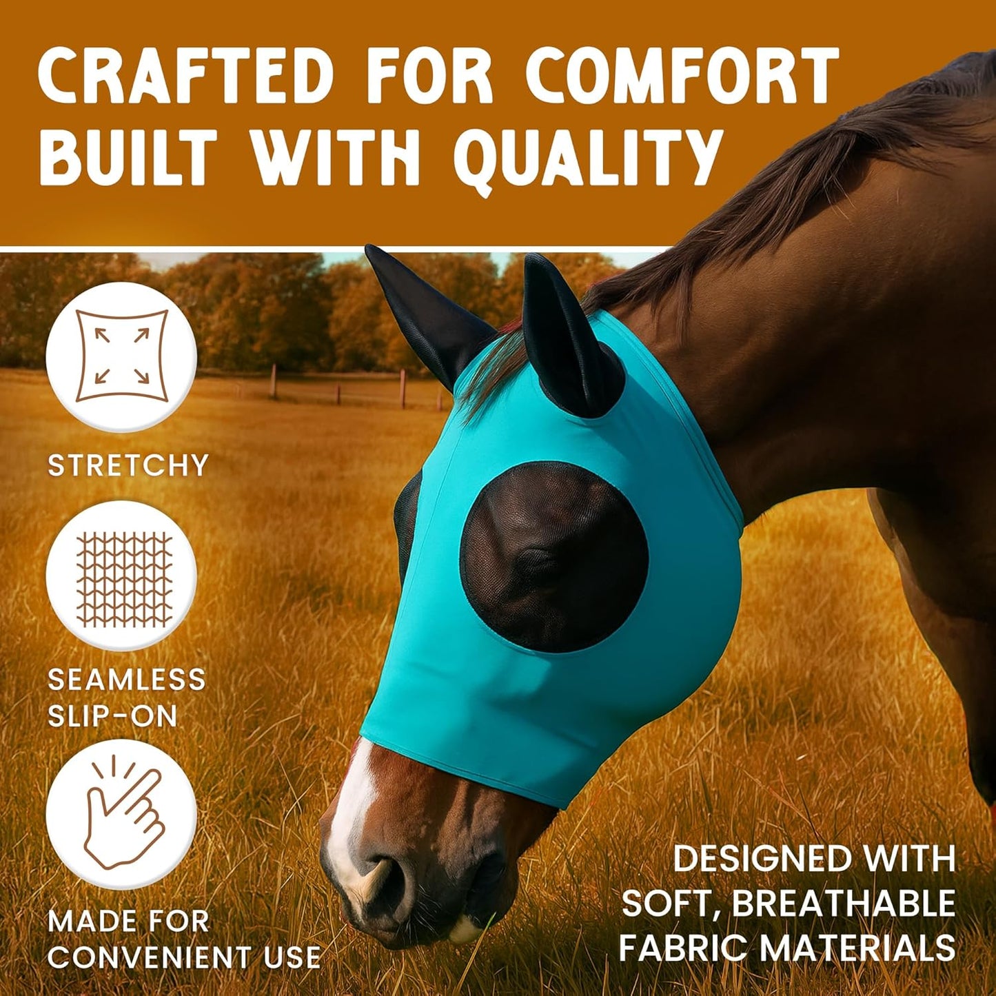 Horse Fly Mask - Durable Equine Fly Mask with Full Coverage for Eye & Ear - Stretchable, UV & Sun Protection Flymask for Horses, Ponies & Mini Horses - Horse Face Cover for Pasture & Trail - Navy