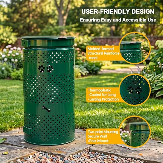10 Gallon Galvanized Dog Waste Trash Can, Green | Durable galvanized steel pet waste bin with wall post and ground installation options, ideal for parks, yards and communities