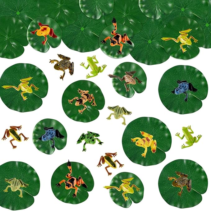 Hungdao 24 Pieces Mini Plastic Frog Toys & Artificial Lily Pads, Include Colorful Realistic Frogs Rainforest Animals Pond Toys & Floating Foam Leaves for Kids Sensory Bin Water Table Pool Cake Decor
