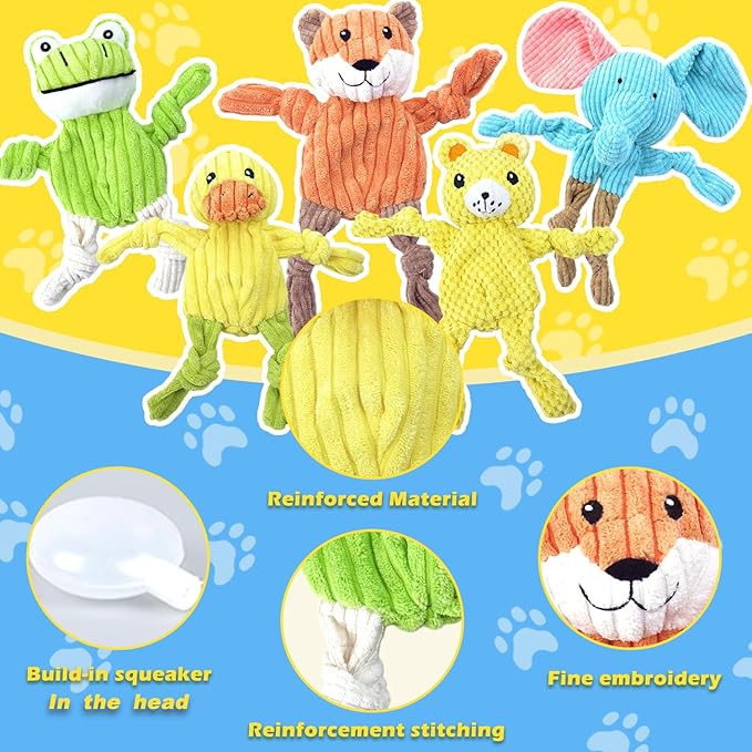 MRSOHRET 5 Pack Squeaky Dog Toys, No Stuffing Plush Dog Chew Toy Puppy Teething Toys to Keep Them Busy, Chewer Tough Durable Crinkle Interactive Dogs Toy Bundle for Small Medium Large Dogs