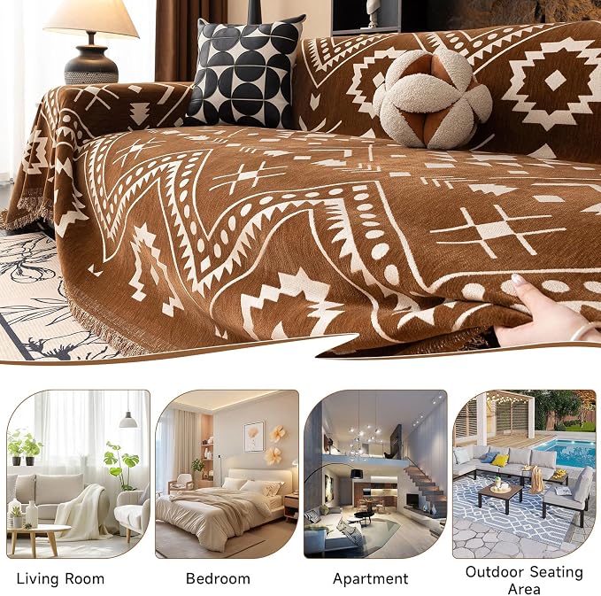 VClife Boho Couch Cover - Brown White Tribal Geometric Pattern Sofa Cover for 3 Cushion Couch Sofa Anti-Slip Washable Couch Cushion Cover, Diamond Zigzag Futon Sofa Protector for Living Room Decor