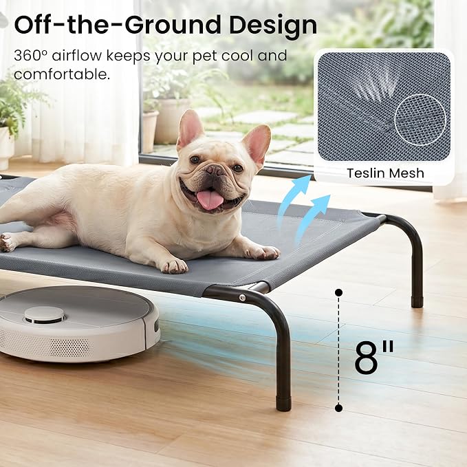 Love's cabin Elevated Cooling Dog Bed for Medium Dogs, Portable Indoor & Outdoor Raised Pet Dog Cat Cot, Durable Summer Frame with Breathable Mesh, Grey, 43" x 31.5" x 8"