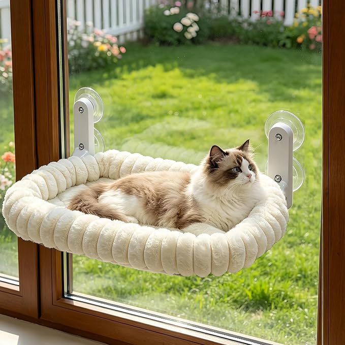 AMOSIJOY Cordless Cat Window Perch, Window Hammock for Cats with 4 Strong Suction Cups, Solid Metal Frame and Cushion Bed Cover, Indoor Cat Bed (L,Stripe)