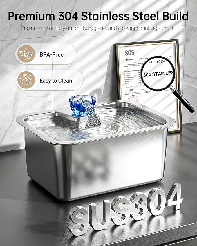 3Gal Large Dog Water Fountain Dispenser, 11L Stainless Steel Pet Fountain with 6 Filters, Ultra Quiet Automatic Dog Water Bowl Dispenser for Large & Multi-pet, Wide Drinking Area, Easy to Clean