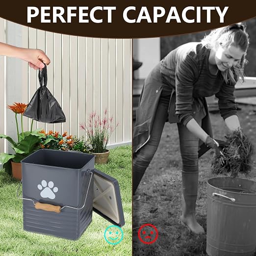 1.85Gal/7L Small Outdoor Trash Can with Lid, Metal Dog Poop Trash Can Outside, Dog Waste Container Bucket Handle(75 Trash Bags Included)-Gray