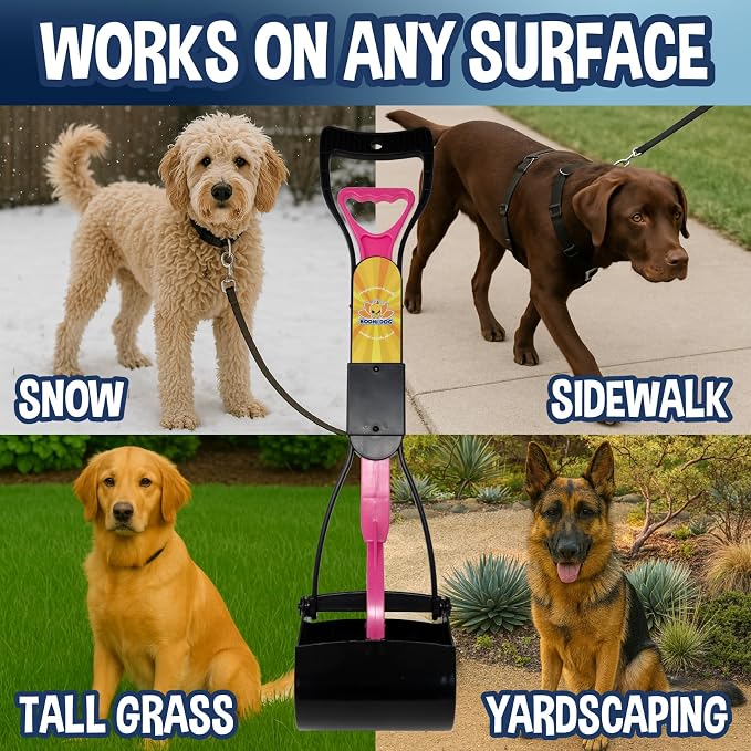 Bodhi Dog Complete Poo Pack- 24" Pooper Scooper, Poop Bags, & Waste Bag Holder, Ideal for Small to XL Pets - Durable, Easy-to-Use, Great for Grass, Gravel, & Outdoor Cleanups (Pink)