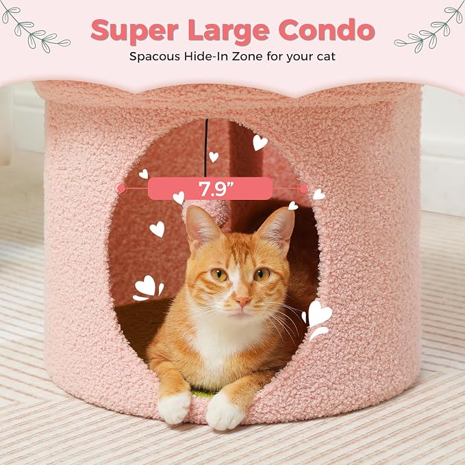 PETEPELA Cat Beds for Indoor Cats, Small Cute Cat Tree House with Removable Flower Cat Bed, Cat Hideaway, Indoor Cat House Condo, Cat Accessories, 20X20X16 Inches, Pink