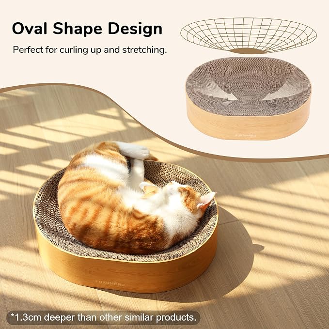 FUKUMARU Cardboard Cat Scratcher Bed, 2-in-1 Oval Cat Scratch Pad | Cats Scratching Board Lounge Bed Indoor, Durable Modern Kitty Scratcher Bowl, Cats Scratch Furniture Protector, Wood Color