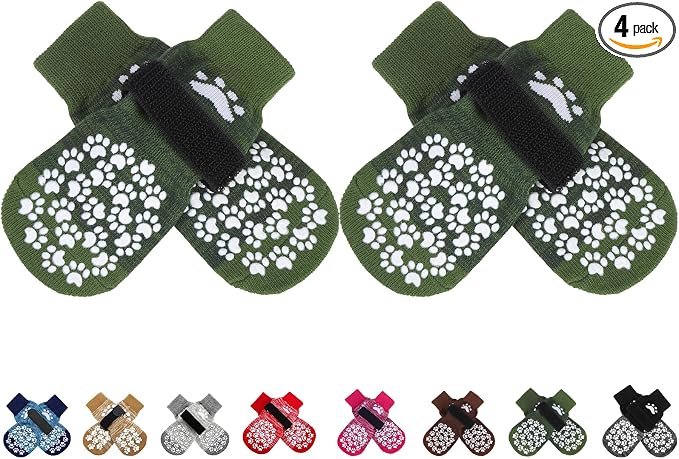 EXPAWLORER Anti Slip Dog Socks to Prevent Licking Paws, Shoes for Hot Pavement, Dog Booties for Small Medium Large Senior Dogs, Traction Control Boots & Paw Protectors for Hardwood Floors ArmyGreen
