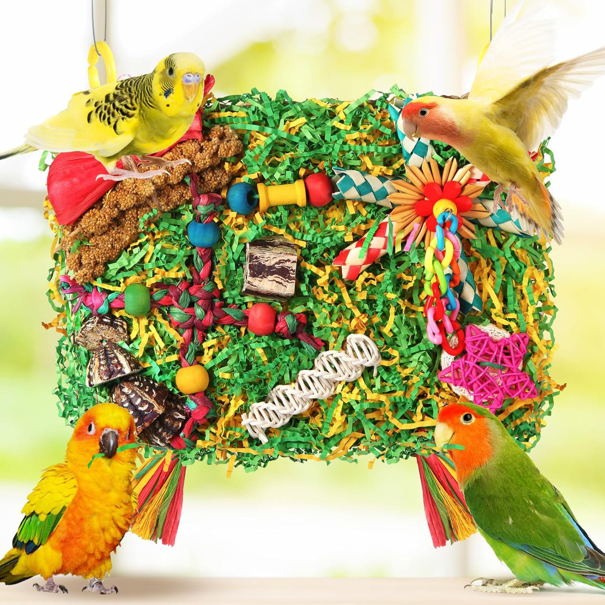 Bird Toys Parakeet Toys,Large-Sized Parrot Foraging & Shredding Cage Hanging Toys with Seagrass Mat for Budgies,Cockatiels,Lovebirds,Conures Small & Medium Parrots