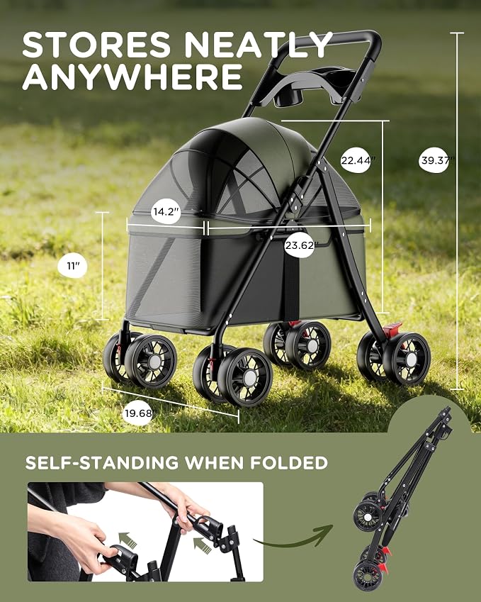 GTPLAYER Foldable Pet Stroller for Small Dogs and Cats, Holds Up to 33 lb, 4-Wheel Stroller with 2 Safety Tethers, Breathable Mesh, Lockable Front Wheels, Cup Holder/Tray & Storage Pocket, Dark Green