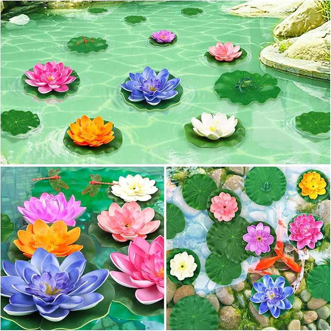 QUOZUO 22 Pack Artificial Floating Foam Lotus Flowers with Artificial Frog Lotus Leaves, Lily Pads for Lake, Pond Plants Ornaments for Pool Water Decoration, Colorful