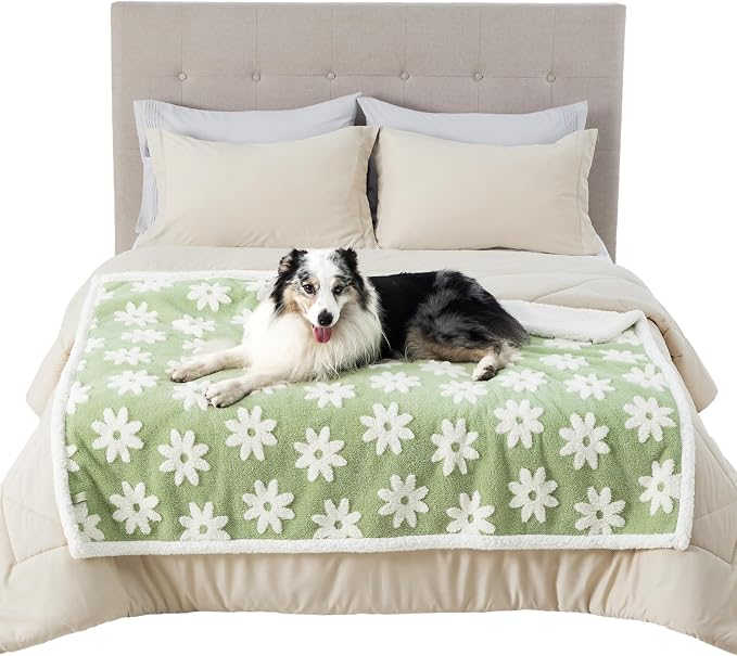 LE SURE Waterproof Dog Blankets for Large Dogs Cute Cozy 3D Jacquard,50x60 | Warm Soft Pet Blanket for Senior Dogs Aesthetic Gift, Washable Sherpa Throw, Reversible Couch Protector, Flower Garden Green