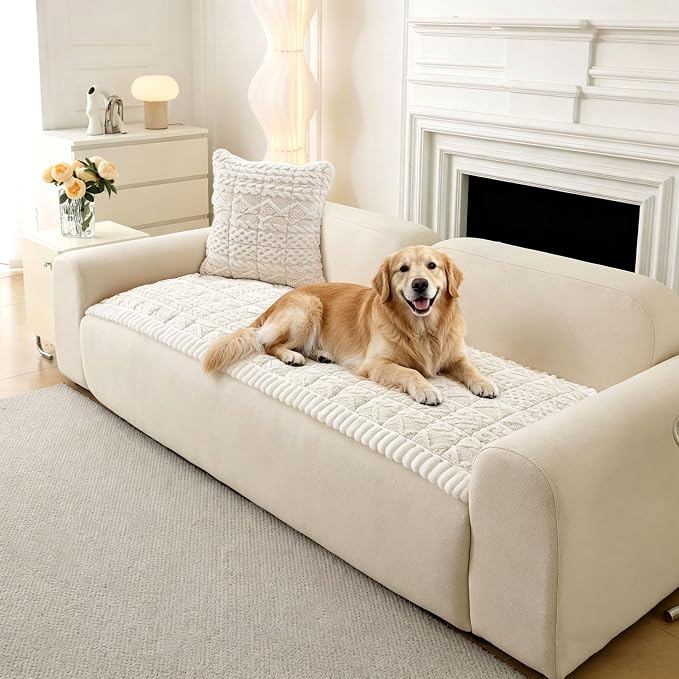 OTOB Couch Cover for Dogs Washable Pet Friendly, Non Slip Plush Fuzzy Love Seat Couch Covers Sofa Slipcovers, Geometric Jacquard Soft Pet Cushion Mat Protector All Seasons (Off White, 27.6" x 59.1")