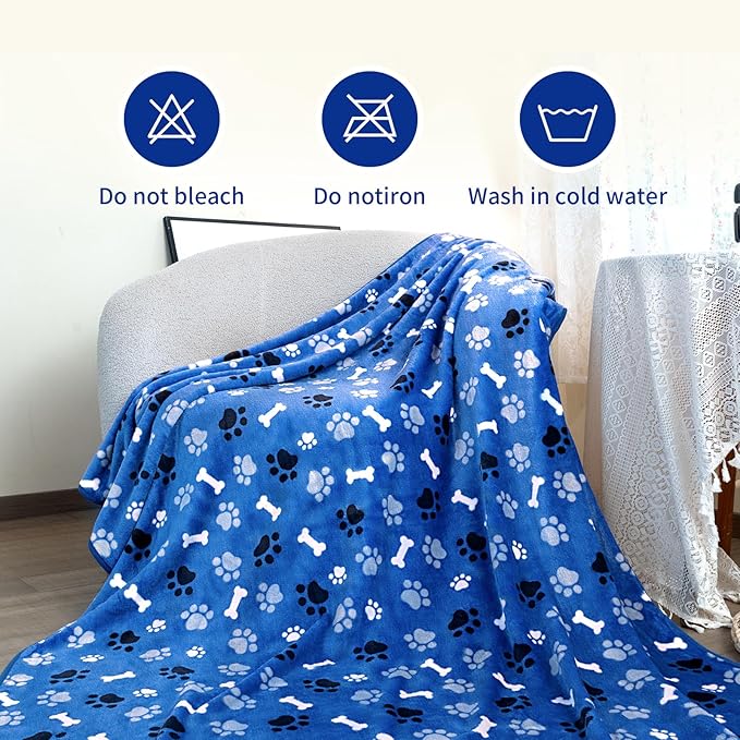 Dog Blanket Paw Bone Pattern 1 Pack 2 Super Soft Warm Flannel Sofa Cover Car Bed Protector, Urine Proof Washable Outdoor Pet Blanket for Puppy Large Dogs & Cats,60"*50" Blue
