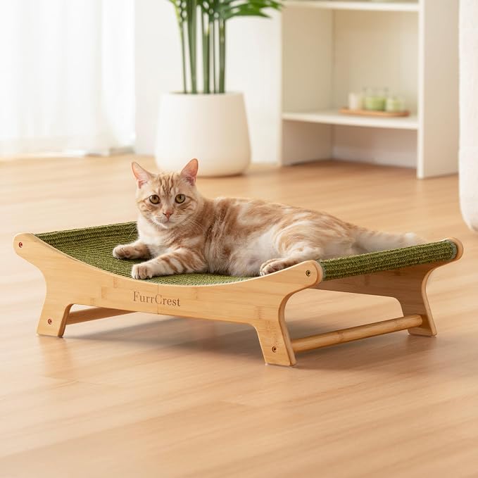 XL Sisal Cat Scratcher Bed with Elevated Hammock for Indoor Cats, Replaceable Natural Sisal Pad, Large Cat Lounge, Anti-Slip No-Wobble Bamboo Frame, Olive Green