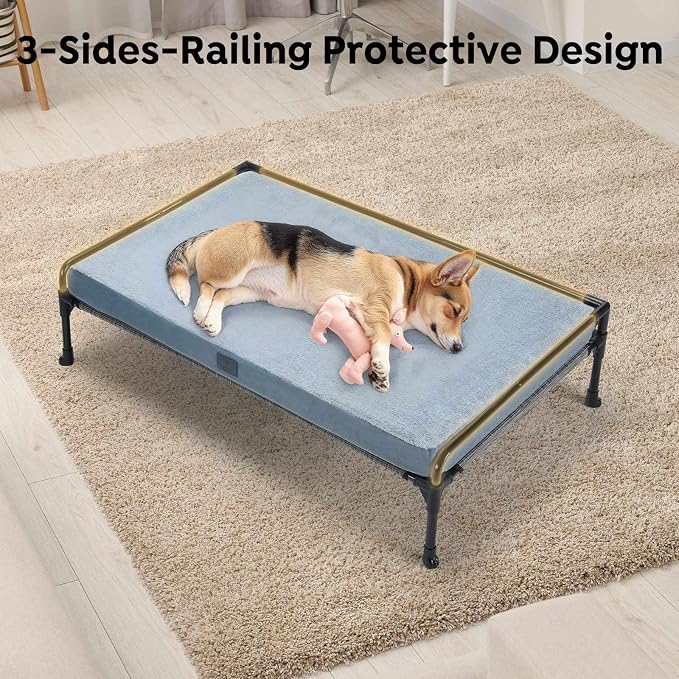 Veehoo Elevated Raised Dog Bed+Removable Dog Bed Mat-Cooling Outdoor Medium Pet Cot Three-Sided Guardrail Raised Pet Cot Elevated Hammock Ded with Bolster-29 x18 Black Silver