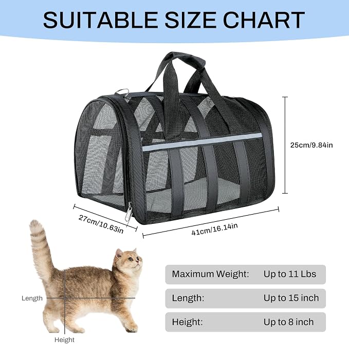 Soft Sided Pet Carrier, Airline Approved Dog Cat Travel Bag with Mesh Windows, Collapsible Portable Pet Carrier for Small Medium Dogs Cats (Black)