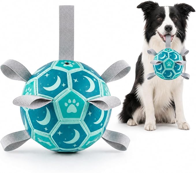 Dog Toys Balls, Dog Soccer Ball with Straps, Dog Birthday Gifts, Durable Balls for Small Medium Pet, Puppy Outdoor Toy, Pet Training Soccer Ball, World Cup Soccer (6 Inch) (Blue, Medium)