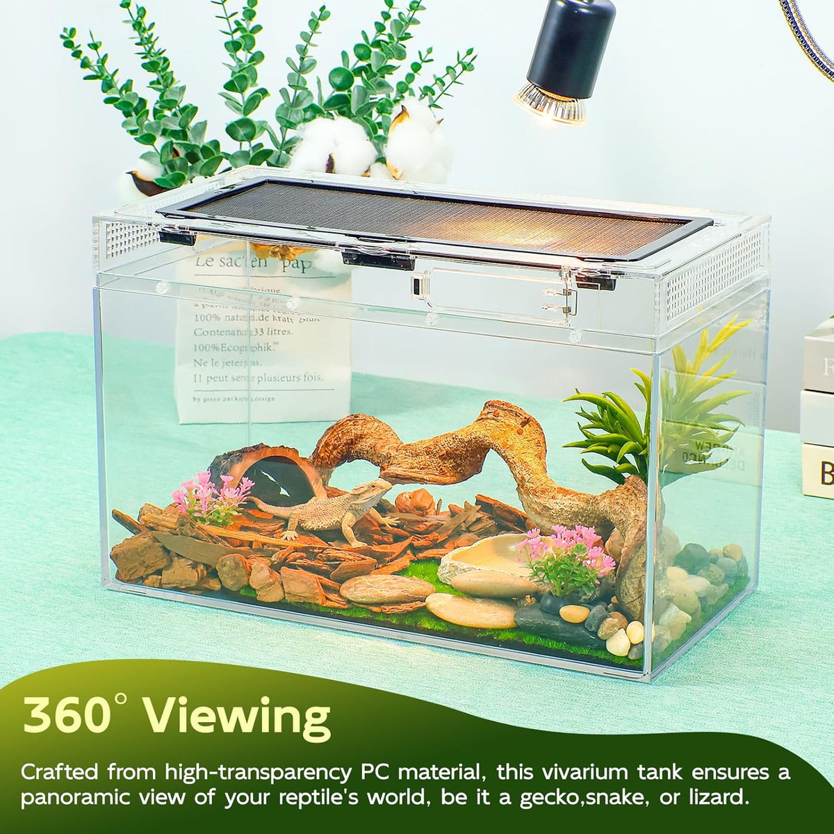 Reptile Tank Kit with Heat Lamp, Spray Bottle, Shovel, Tweezers, Food Bowl, Hideout -Perfect for Geckos, Jumping Spider,Milk Frog,Hermit Crabs,Snakes, Lizards (8''×8''×6'')