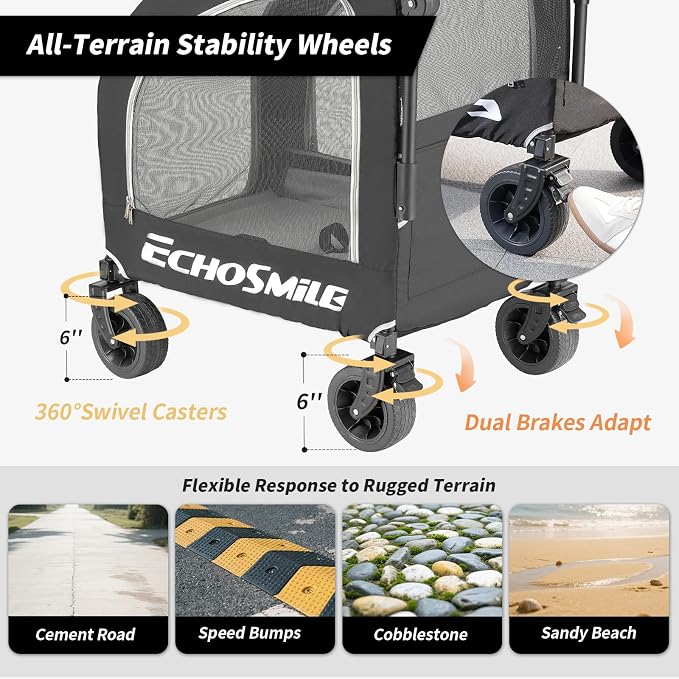 EchoSmile 4 Wheels Pet Stroller, Dog & Cat Stroller for All-Season, Lightweight Carrier with Storage Basket, Adjustable Handle, Removable Pad, Breathable Mesh, Up to 135 lbs, Black (Black)