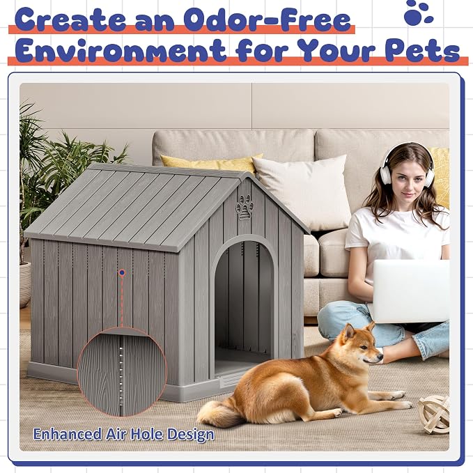 Bifanuo Outdoor Indoor Dog House for Small & Medium Dogs - Weatherproof Shelter with Elevated Floor, Hidden Vents & Tool-Free Assembly (Classic Grey, 26.18" L x 24.03" W x 25.98" H)