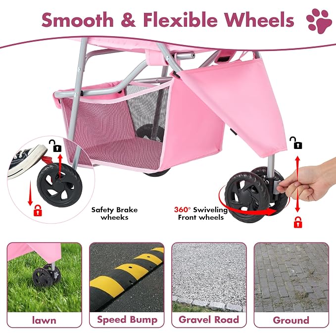3 Wheel Pet Stroller for Dogs and Cats, Foldable, Lightweight and Durable, Ideal for Small to Medium Pets, Includes Storage Basket and Cup Holders