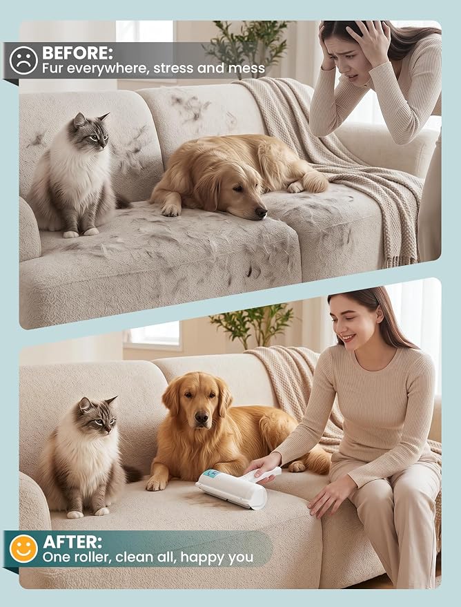 DELOMO Pet Hair Remover Roller: Reusable Lint Roller with Large Fur Bin - Portable Cat and Dog Hair Remover for Couch, Bedding, Car, Rugs & Furniture, Effective and Eco-Friendly, for Multi-Pet Homes