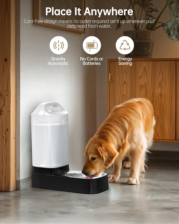 Automatic Dog Water Bowl Dispenser with Filter - 2.4 Gal Large Gravity Auto Pet Water Feeder Waterer with Stainless Steel Bowl & Easy Carry Handle for Large Dog Cat Multi Pet Use