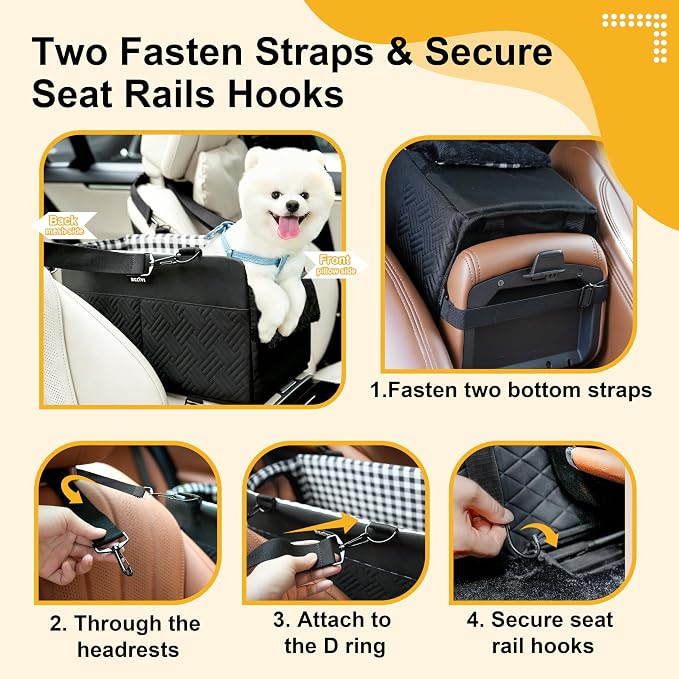 Console Dog Car Seat for Small Dogs Cats Up to 11lbs, Anti-Collapse Pet Armrest Booster Seat with Soft Pillow,Non-Slip Seat Rails Hooks & Safety Belt, Portable Car Accessories for Pets Travel