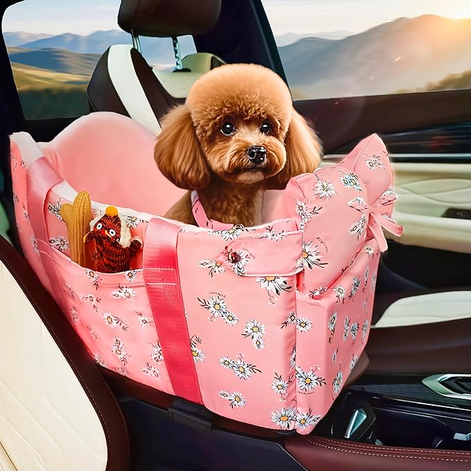 Console Dog Car Seat for Small Dogs Up to 11 Lbs, Pink Daisy | Portable Armrest Booster With Soft Cushion Safety Belt
