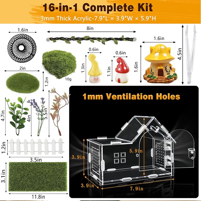 Acrylic Jumping Spider Enclosure Kit 16PCS with Decor | 16-pc mossy forest decor with mushrooms, stones, hideout, for mantis & tarantula