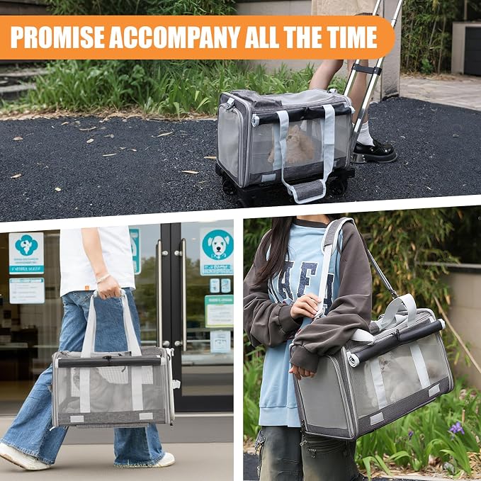 Pet Carrier with Wheels - Soft-Side Wheeled Cat Carrier for Dogs with Telescopic Handle, Collapsible Rolling Pet Travel Bag Carrier for Large Cats Small Medium Dogs for Camping Vet Visiting Grey