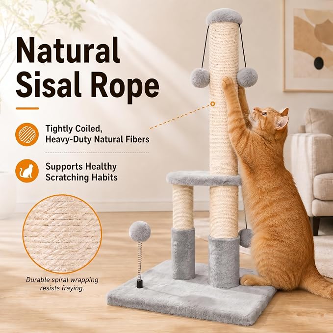 Dimaka Tall Cat Scratching Post, Double Lower Posts Extra Stable Cat Post Tree Scratcher with Sisal Rope and Teasing 4 Balls Total Large Base (Grey)