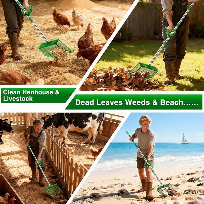 TOOGE Large Chicken Poop Scooper: 2-in-1 Metal Pooper Scooper & Rake Adjustable 62" Long Handle Stainless Steel Sand Sifting Litter Shovel Chicken Coop Scoop Cleaning Tool for Goat Farm Yard Green