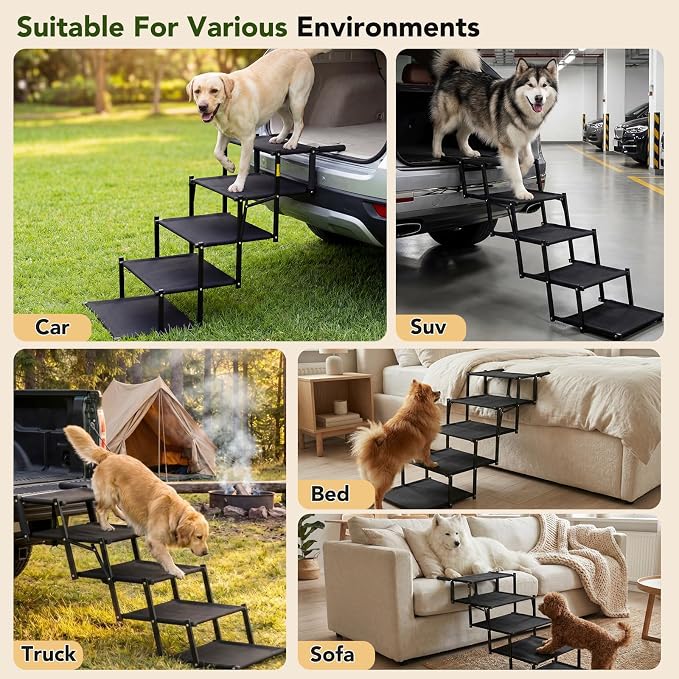 Extra Wide Dog Ramp for Car,Foldable Dog Steps for Truck SUV,150 Lbs | Non-Slip Oxford Surface,Sturdy Steel Frame,Anti-Scratch Handle,Adjustable Height,Light 10s Setup,Suitable for trunk